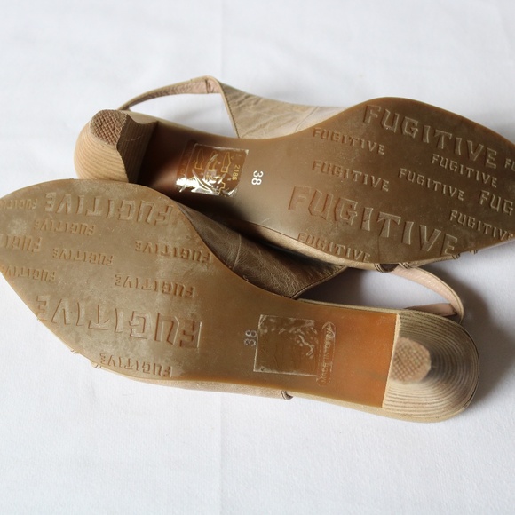 FUGITIVE By Francesco Rossi Leather Sling Back Heels Beige/Kaki Unique Size 38 - Picture 12 of 14